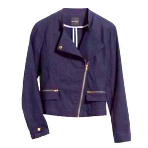 Eden Society Blazer Moto Jacket Navy Blue‎ Stretch Cargo Gold  Zipper Pocket M